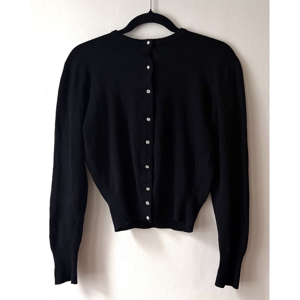 Quality House 100% Imported Black Cashmere Cardigan Crystal Buttons Vintage Smal